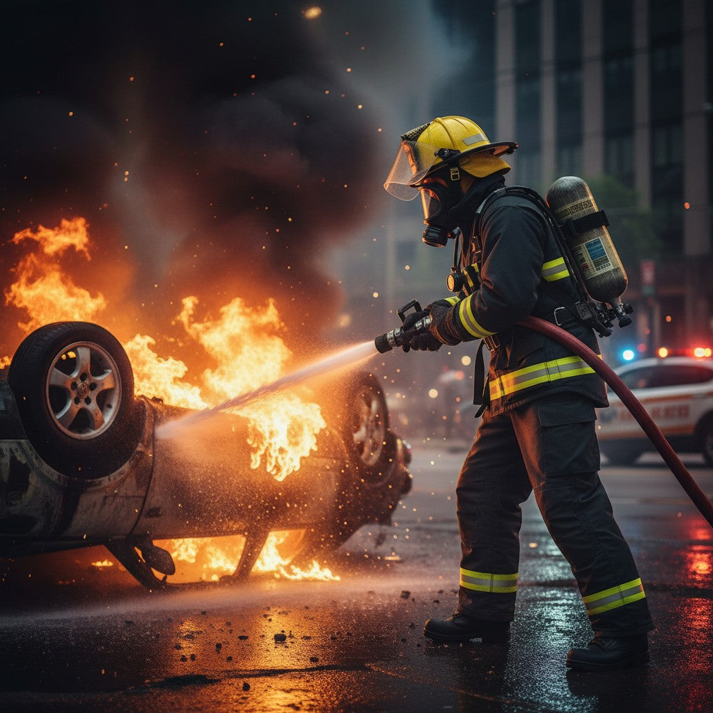 Bombero con traje GERF SAFETY Vanguard Fire de 4 capas extinguiendo un incendio de vehículo con manguera de alta presión