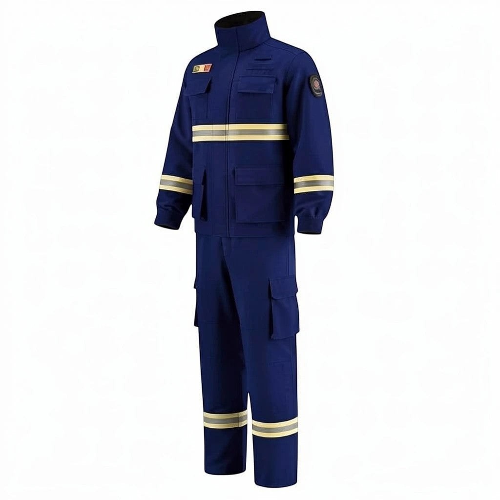 Traje de combate forestal GERF SAFETY azul marino con bandas reflectantes 3M y bolsillos tácticos, fabricado en Nomex.