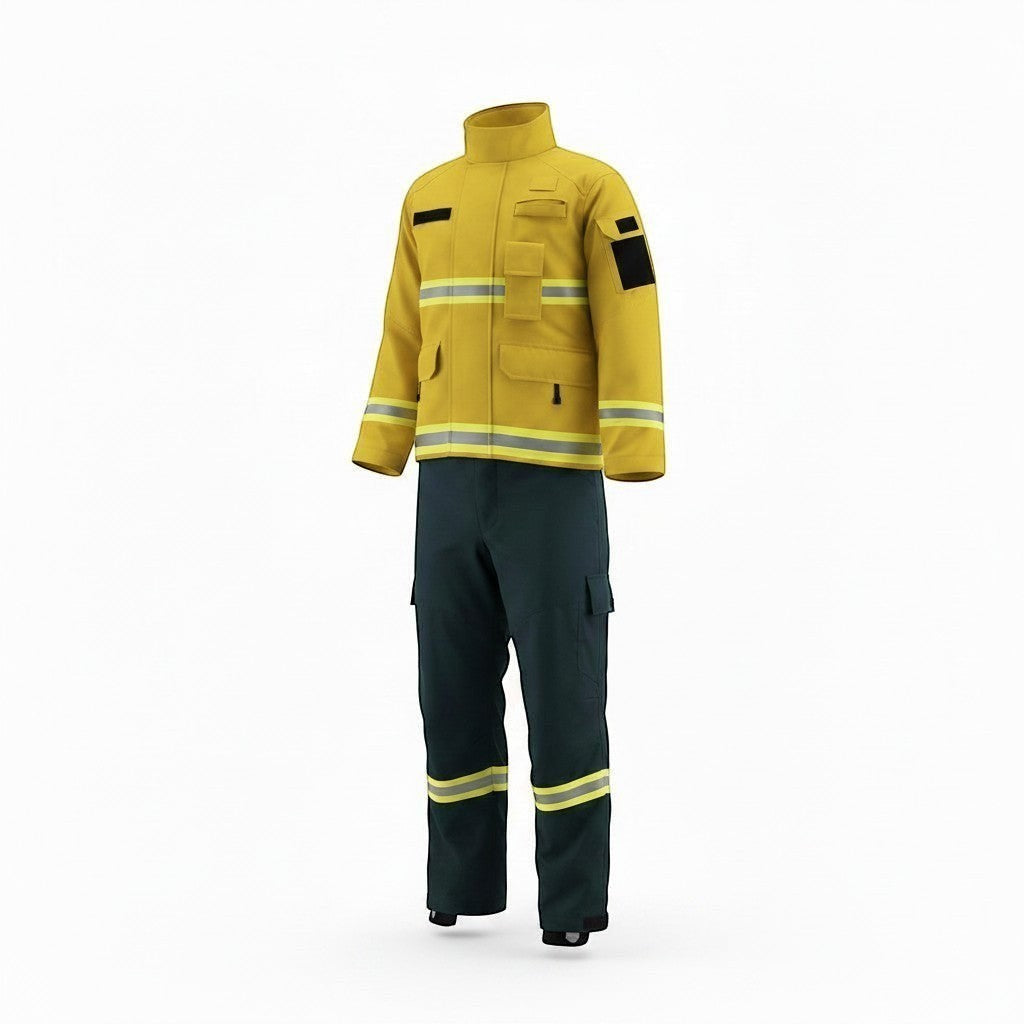 Traje de combate forestal GERF SAFETY de Nomex IIIA amarillo y verde con bandas reflectantes 3M y bolsillos funcionales.