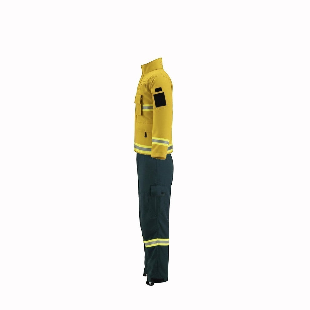 Traje de combate forestal GERF SAFETY de Nomex IIIA amarillo y verde con bandas reflectantes 3M, vista lateral.