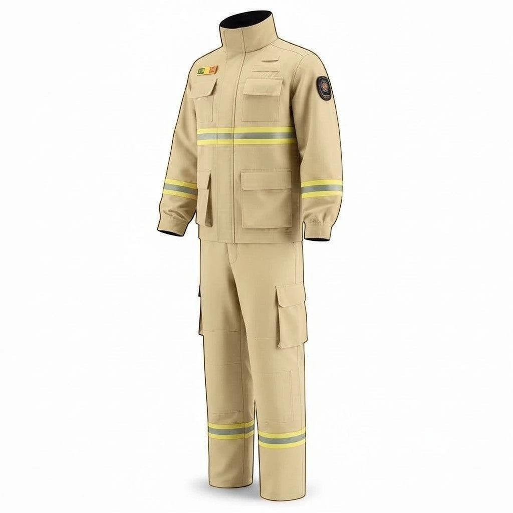 Traje de combate contra incendios forestales GERF SAFETY en color beige, fabricado en Nomex IIIA con bandas reflectantes 3M.
