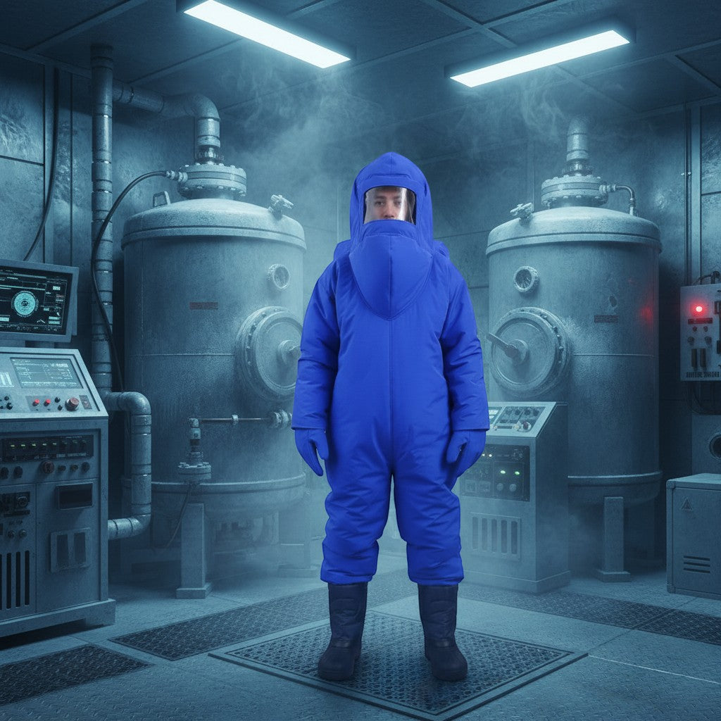 Traje criogénico azul GERF SAFETY de 5 capas para protección contra nitrógeno líquido y GNL en entornos industriales.
