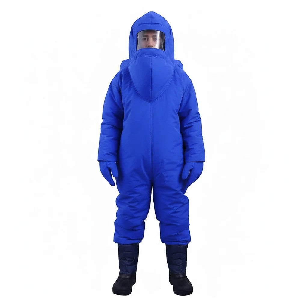 Traje criogénico azul GERF SAFETY de 5 capas para protección contra nitrógeno líquido y GNL con visor antivaho.