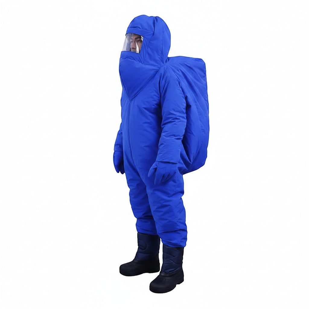 Traje criogénico azul GERF SAFETY de 5 capas para protección contra nitrógeno líquido y GNL con visor antivaho.