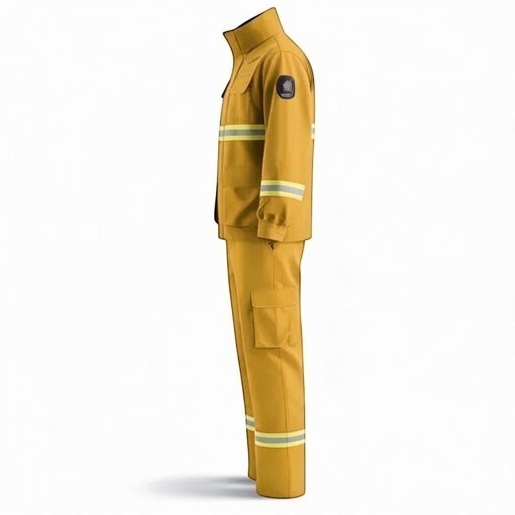 Traje de combate forestal GERF SAFETY amarillo con bandas reflectantes 3M, fabricado en Nomex IIIA resistente al fuego.