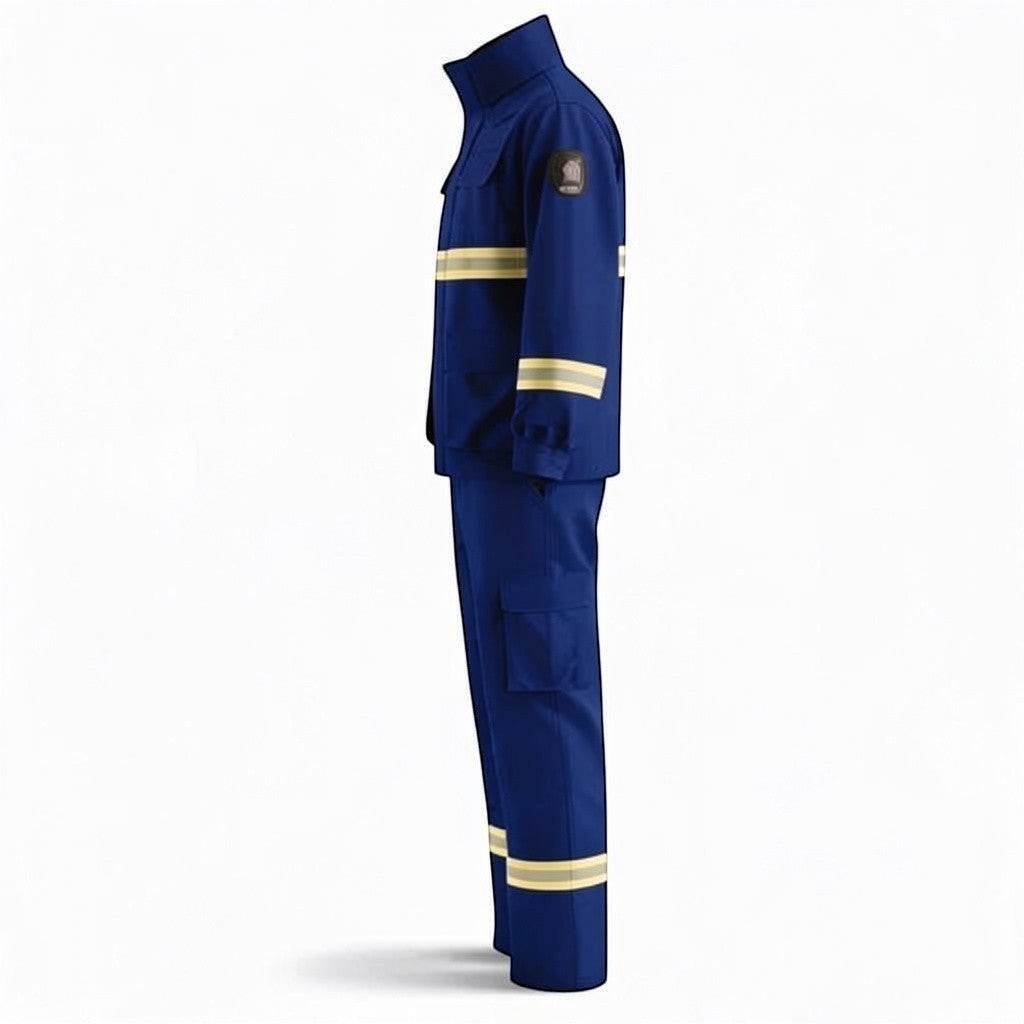 Traje de combate contra incendios forestales GERF SAFETY azul marino con bandas reflectantes 3M de alta visibilidad.