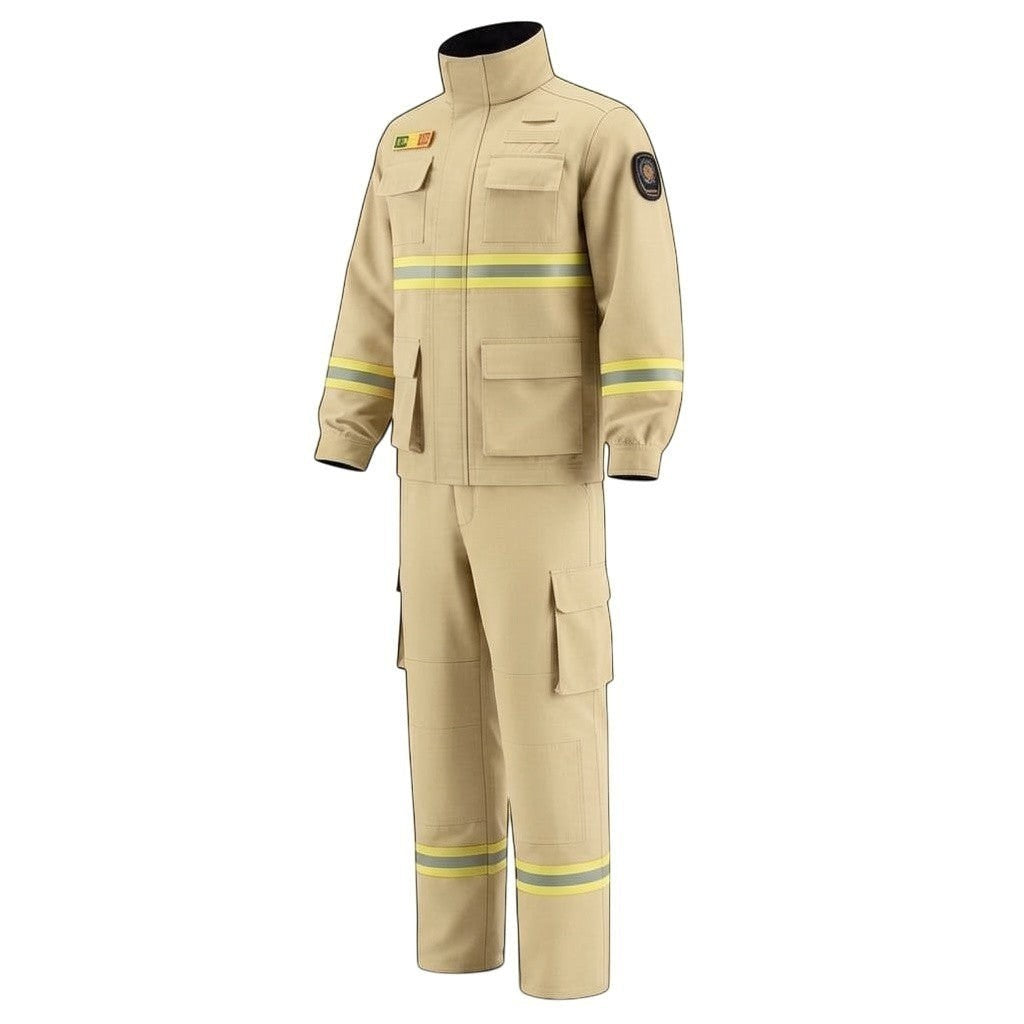 Traje de combate contra incendios forestales GERF SAFETY de Nomex IIIA color beige con bandas reflectantes 3M y bolsillos