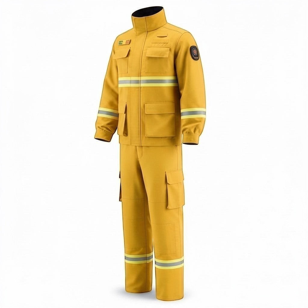 Traje de combate forestal GERF SAFETY amarillo con bandas reflectantes 3M, bolsillos múltiples y tejido Nomex IIIA.