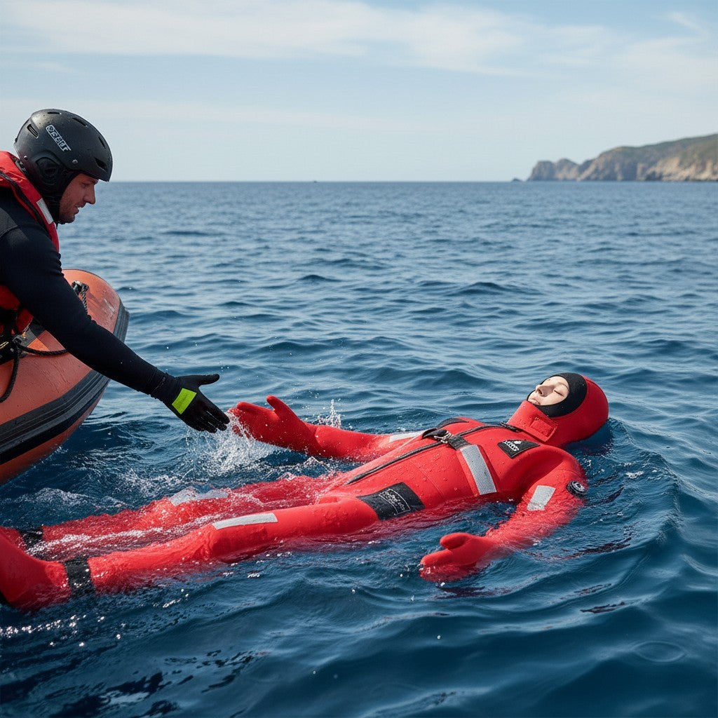 Persona con traje de inmersión rojo GERF SAFETY de neopreno 5mm con cintas reflectantes SOLAS flotando en el mar.