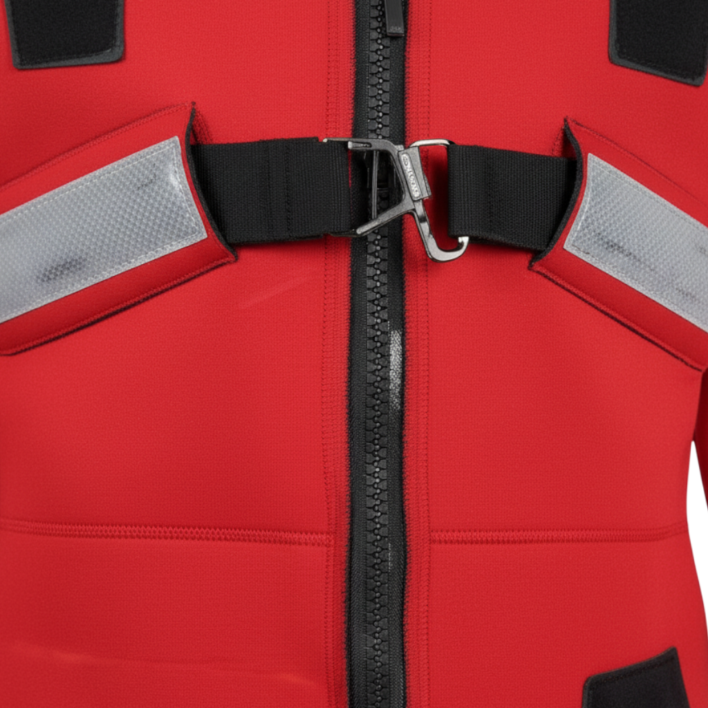 Detalle del torso del traje térmico de inmersión GERF SAFETY rojo con cremallera, hebilla metálica y cintas reflectantes