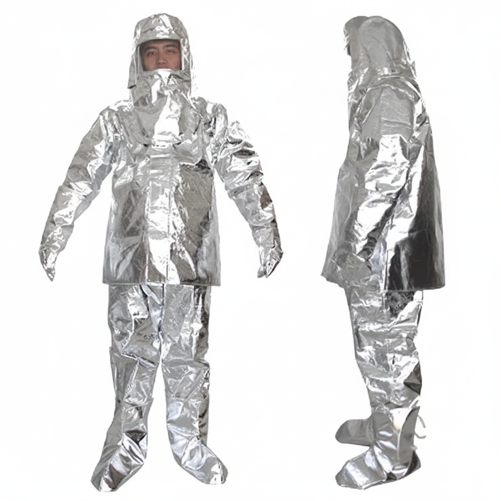 Traje de proximidad al fuego GERF SAFETY color plata de aluminio ignífugo con protección térmica hasta 500°C.