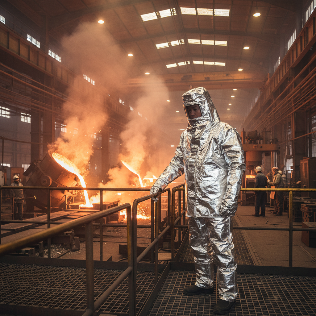 Operario con traje de proximidad al fuego GERF SAFETY de aluminio plateado en una fundición industrial de alta temperatura.