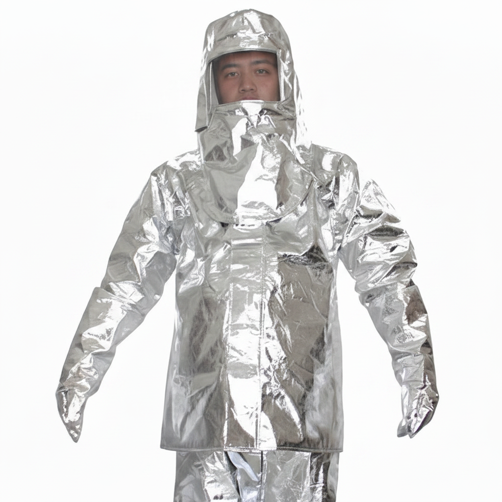 Bombero usando traje de proximidad al fuego GERF SAFETY color plata de aluminio con protección térmica hasta 500 grados