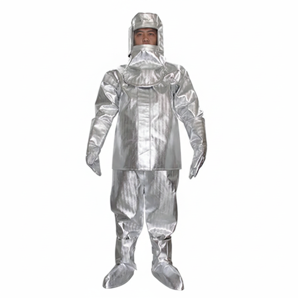 Traje de proximidad al fuego GERF SAFETY aluminizado color plata con casco integrado para protección térmica extrema
