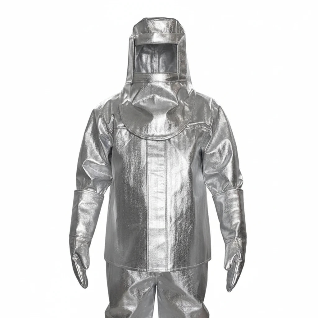Traje de proximidad al fuego GERF SAFETY aluminizado color plata con casco integrado para alta temperatura