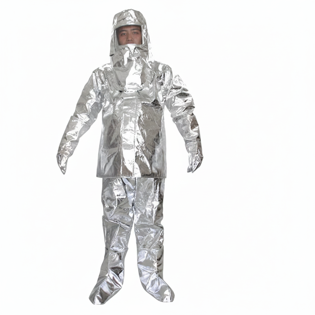 Traje de proximidad al fuego GERF SAFETY color plata con lámina de aluminio, resistente a 500°C y certificado CE EN1486.