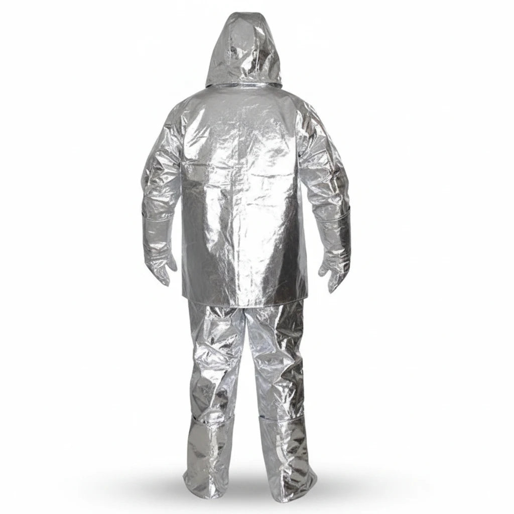 Traje de proximidad al fuego GERF SAFETY color plata, fabricado en aluminio ignífugo para alta resistencia térmica.