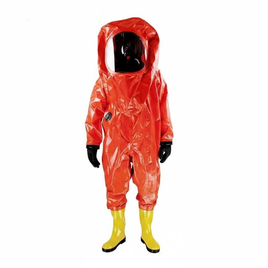 Traje químico GERF SAFETY naranja completamente encapsulado con visor, guantes y botas integradas para alta protección.