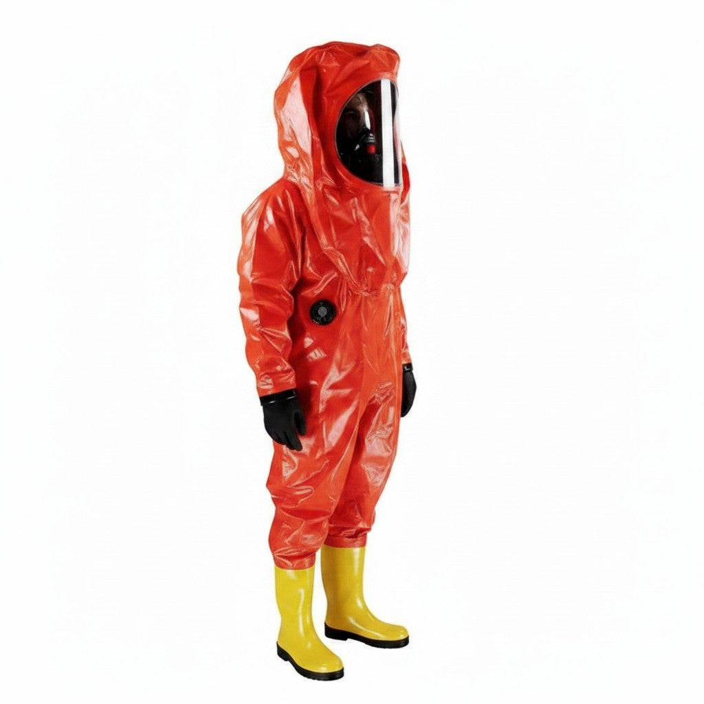 Traje químico encapsulado naranja GERF SAFETY con visor panorámico, válvulas de control y botas de seguridad integradas.