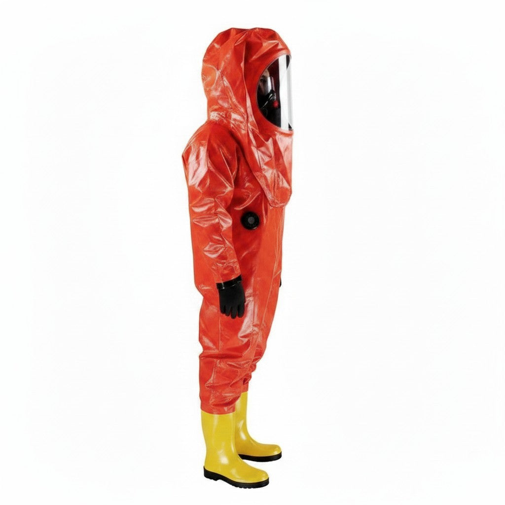 Traje químico encapsulado GERF SAFETY naranja de PVC ignífugo con visor panorámico, válvulas y botas integradas.