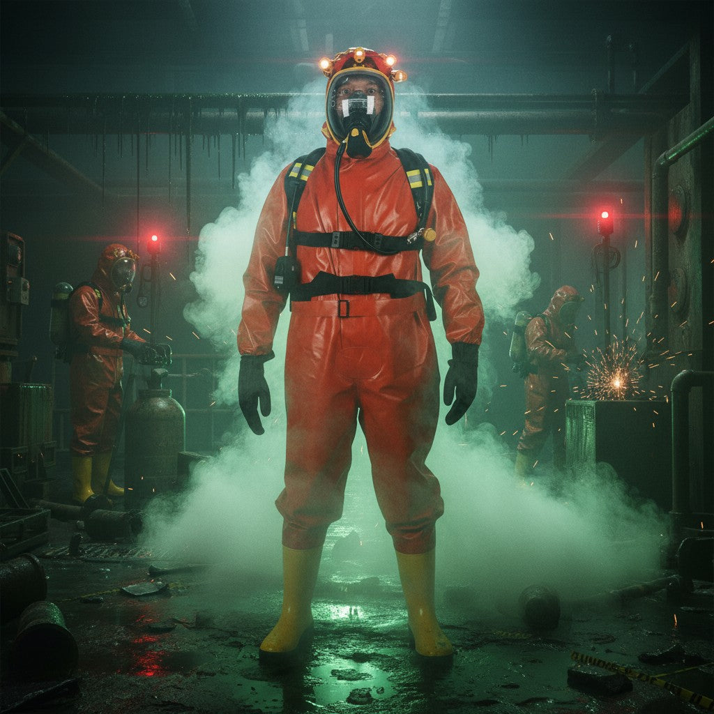Bombero con traje químico semi-encapsulado GERF SAFETY naranja resistente al fuego y botas integradas en zona industrial