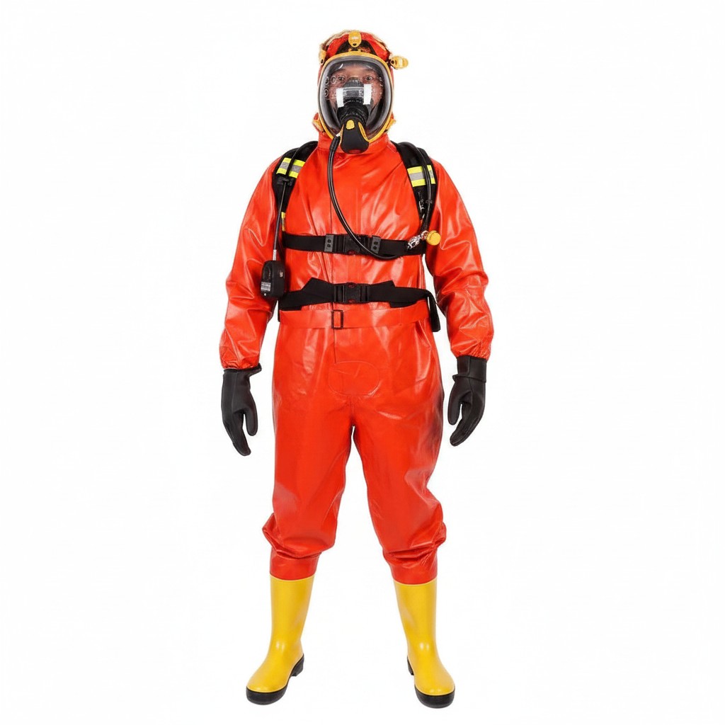 Traje químico semi-encapsulado GERF SAFETY de PVC ignífugo en color naranja con botas amarillas y máscara de protección.
