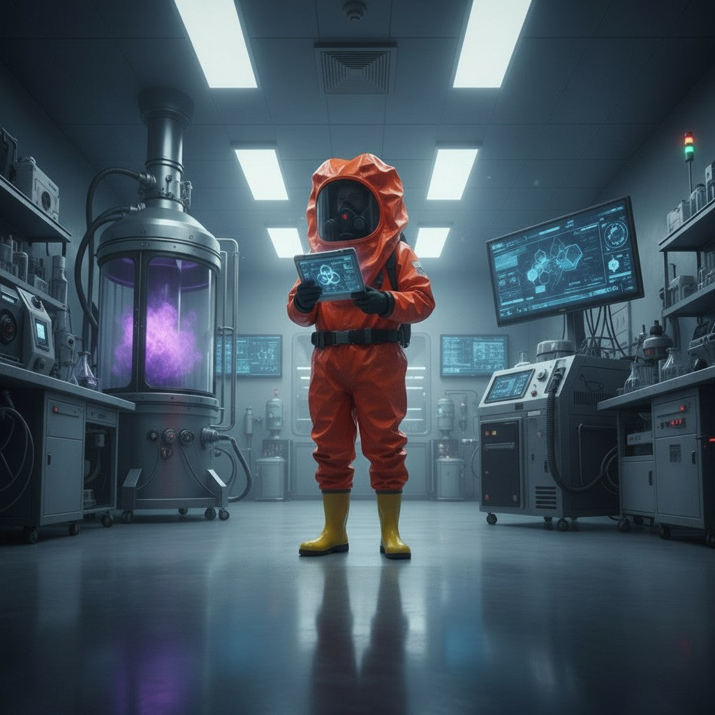Persona con traje químico naranja GERF SAFETY completamente encapsulado y botas amarillas en laboratorio de alta tecnología