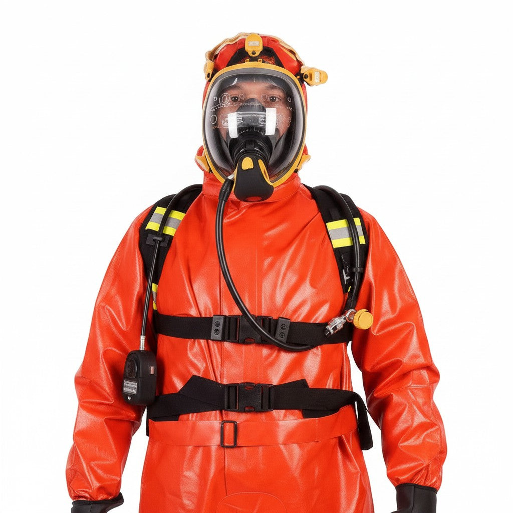 Bombero con traje químico semi-encapsulado GERF SAFETY naranja resistente al fuego y máscara de gas profesional