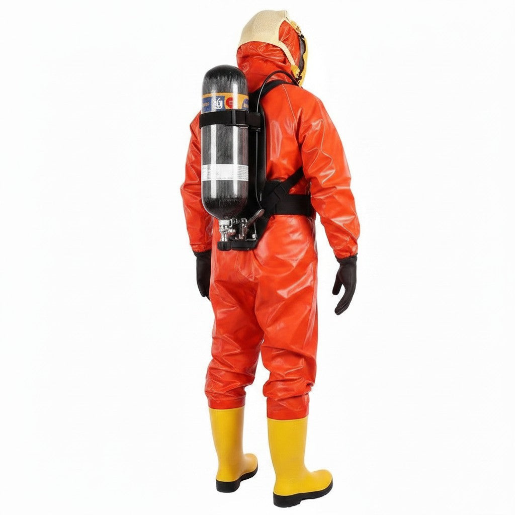Traje químico semi-encapsulado GERF SAFETY color naranja con equipo de respiración autónoma y botas de seguridad