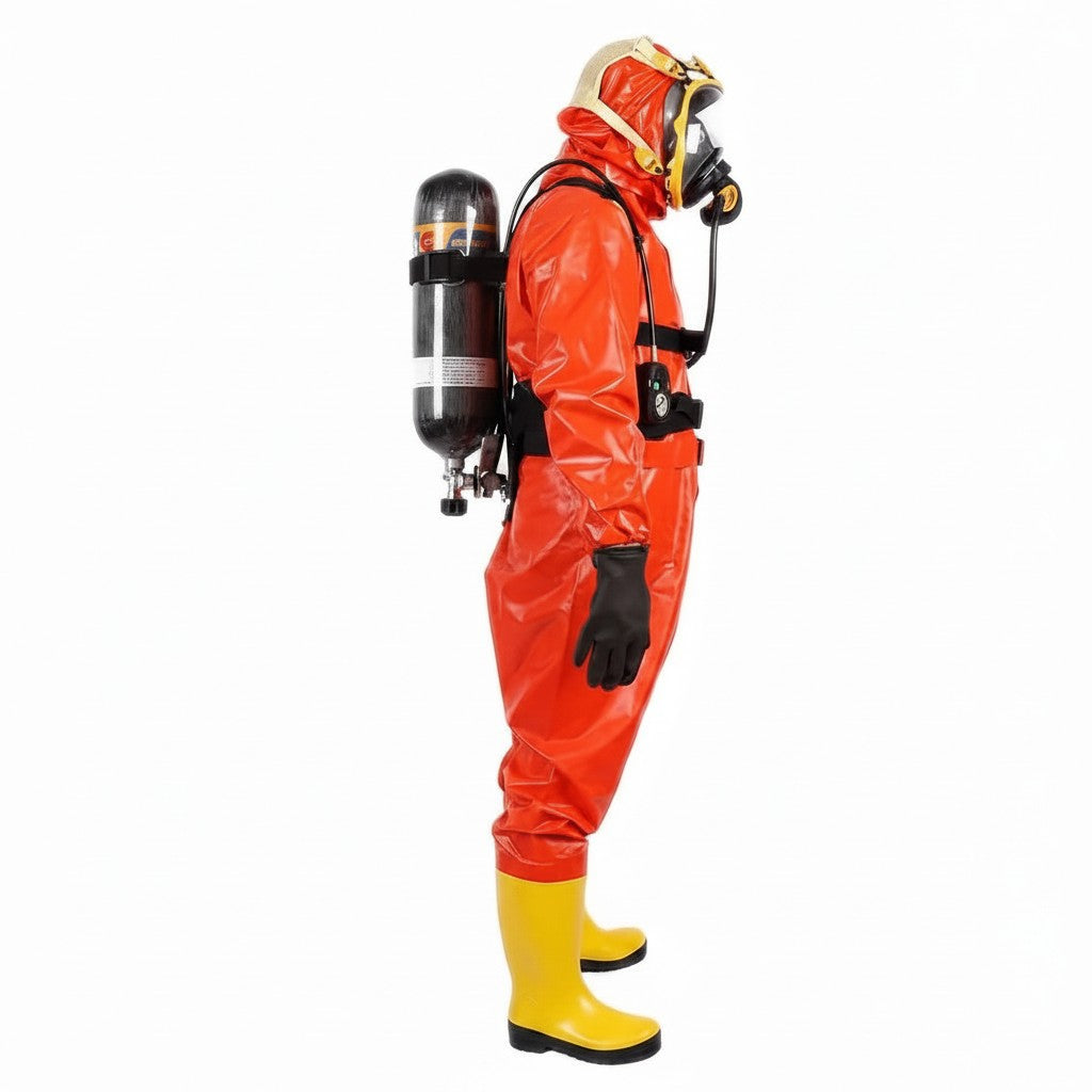 Traje químico semi-encapsulado GERF SAFETY de PVC naranja resistente al fuego con botas integradas y equipo de oxígeno