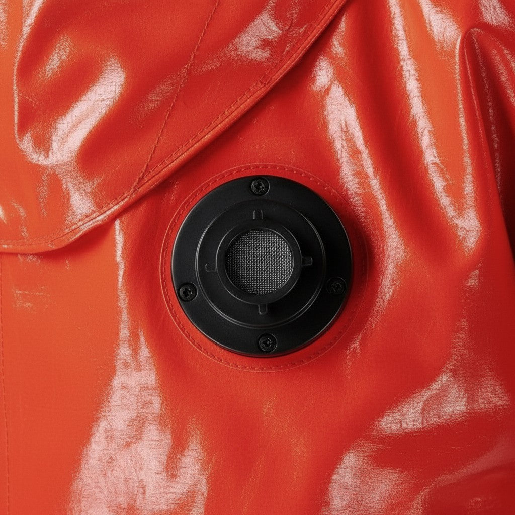 Detalle de válvula de control en traje químico naranja GERF SAFETY de PVC resistente al fuego con sellado hermético.