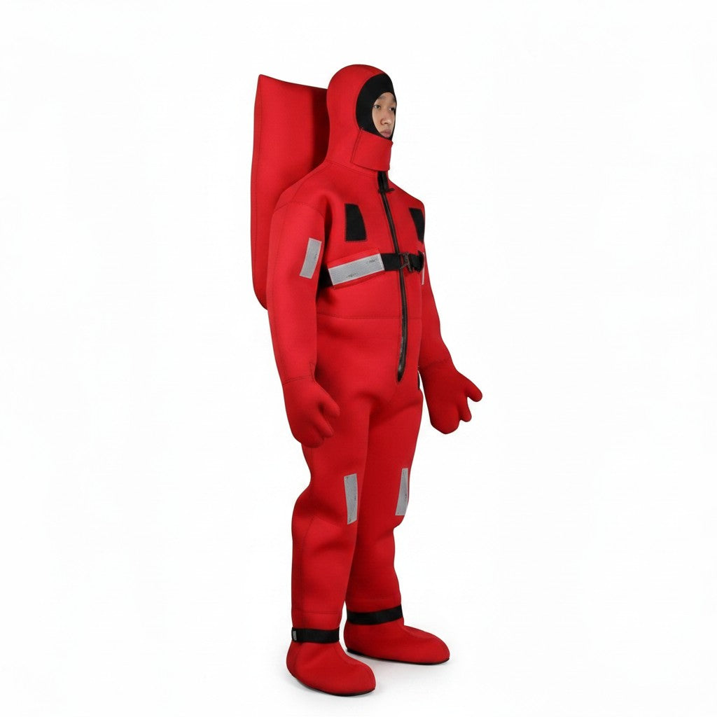 Traje de inmersión térmico GERF SAFETY rojo de neopreno 5mm con certificación SOLAS y guantes integrados.