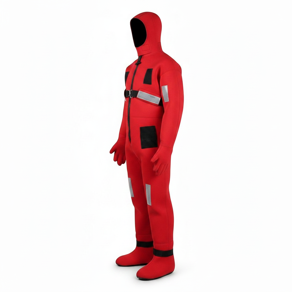 Traje térmico de inmersión GERF SAFETY rojo de neopreno CR 5mm con cintas reflectantes SOLAS y guantes integrados.