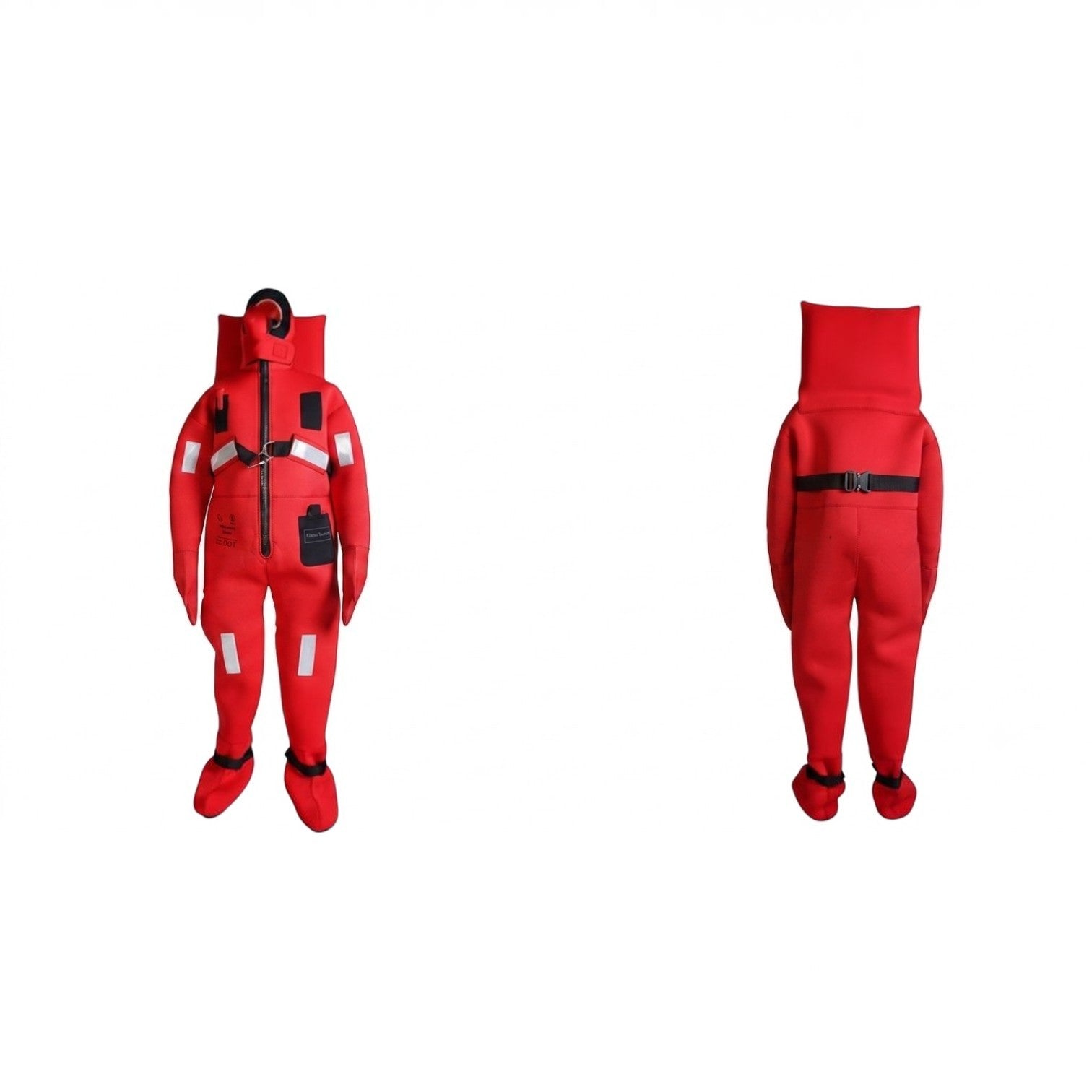 Traje térmico de inmersión GERF SAFETY de neopreno rojo con certificación SOLAS, vista frontal y trasera.