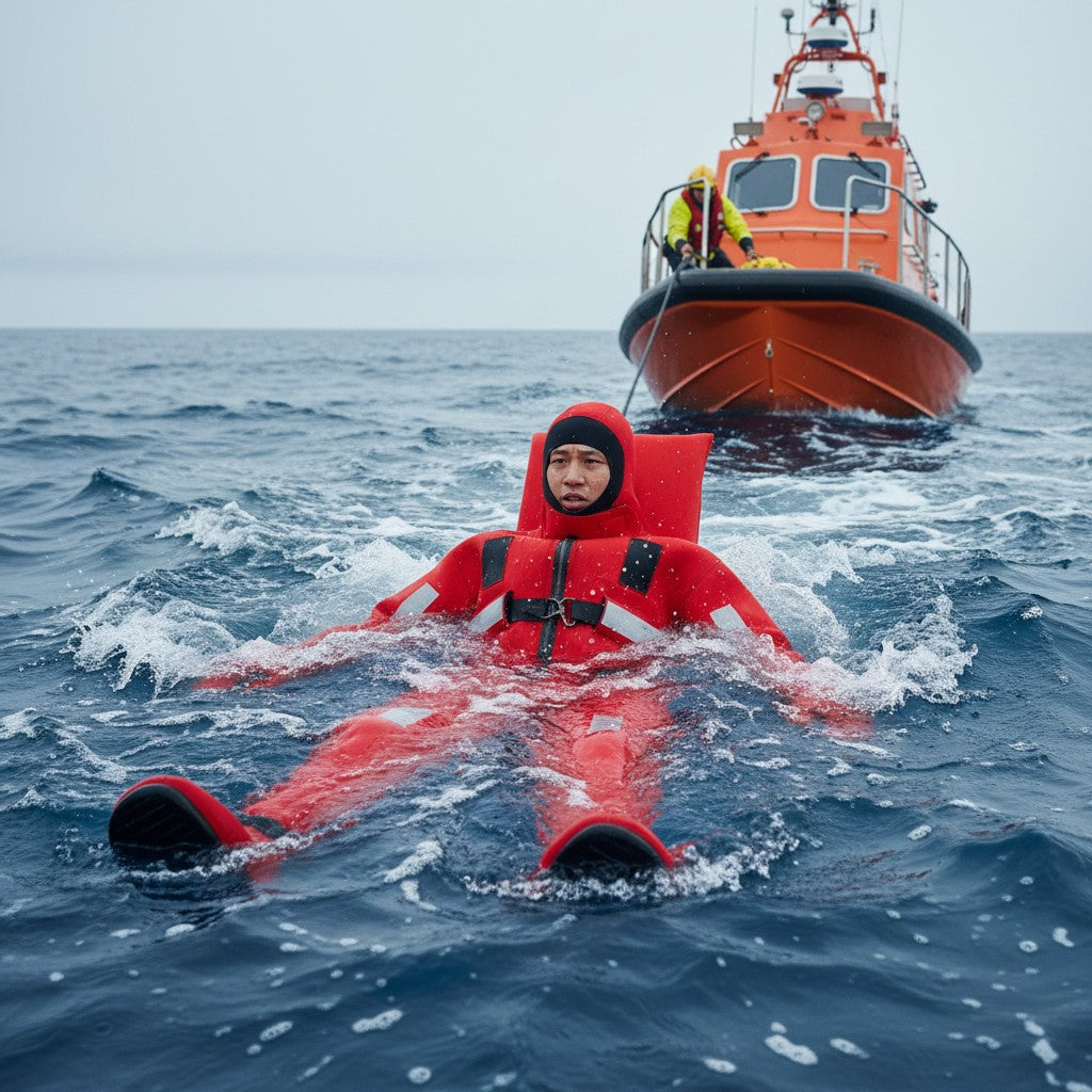 Persona con traje térmico de inmersión GERF SAFETY rojo flotando en el mar, rescatada por una embarcación de salvamento.