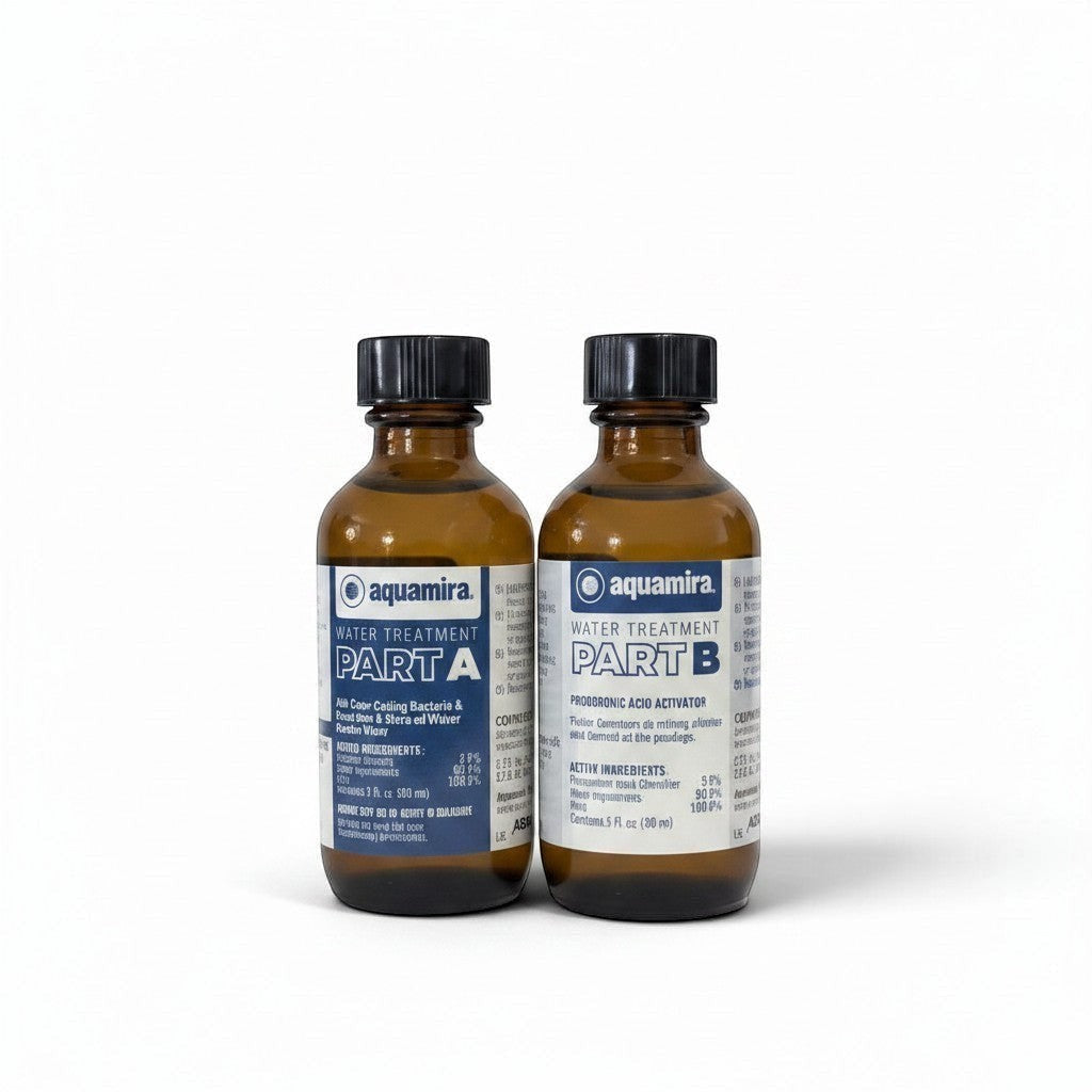 Dos frascos de tratamiento de agua Aquamira Parte A y Parte B para sistema de almacenamiento GERF SAFETY