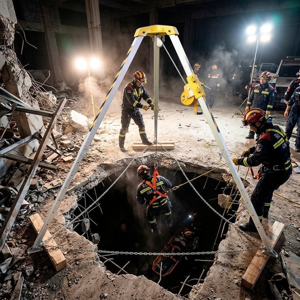 Equipo de rescate GERF SAFETY usando un trípode de aluminio sobre una boca de pozo en una operación de emergencia.