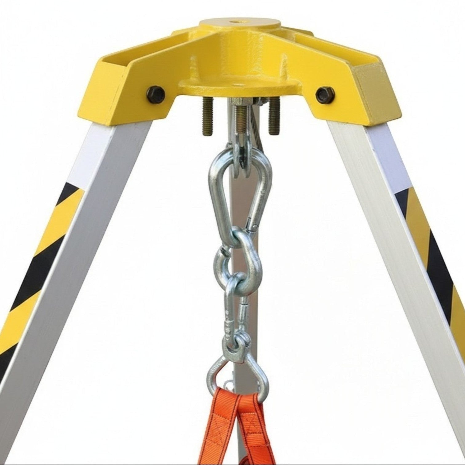 Trípode de rescate GERF SAFETY de aluminio con winch de bloqueo, polea y eslingas naranjas para espacios confinados.