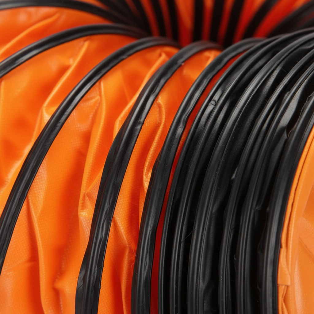 Tubo flexible naranja y negro para ventilador axial antiexplosivo GERF SAFETY, ideal para extracción de humo.