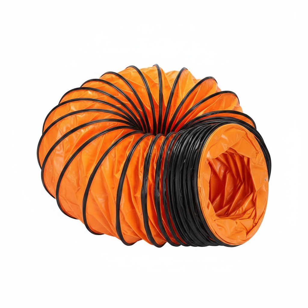 Tubo flexible naranja y negro para ventilador axial antiexplosivo GERF SAFETY, ideal para extracción de humos.