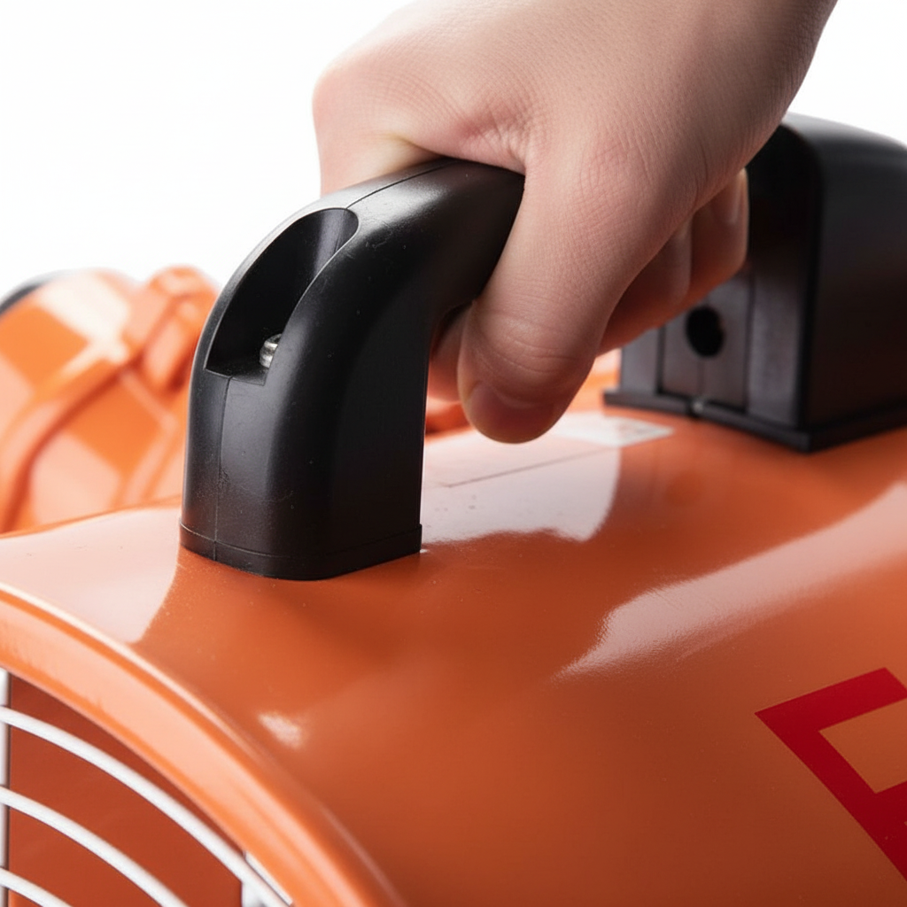 Mano sosteniendo el asa de transporte de un ventilador axial antiexplosivo naranja GERF SAFETY para uso industrial.