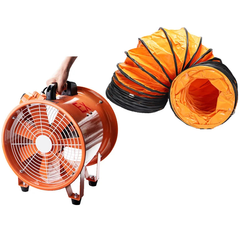 Ventilador axial antiexplosivo GERF SAFETY portátil de color naranja con tubo flexible para extracción de humos